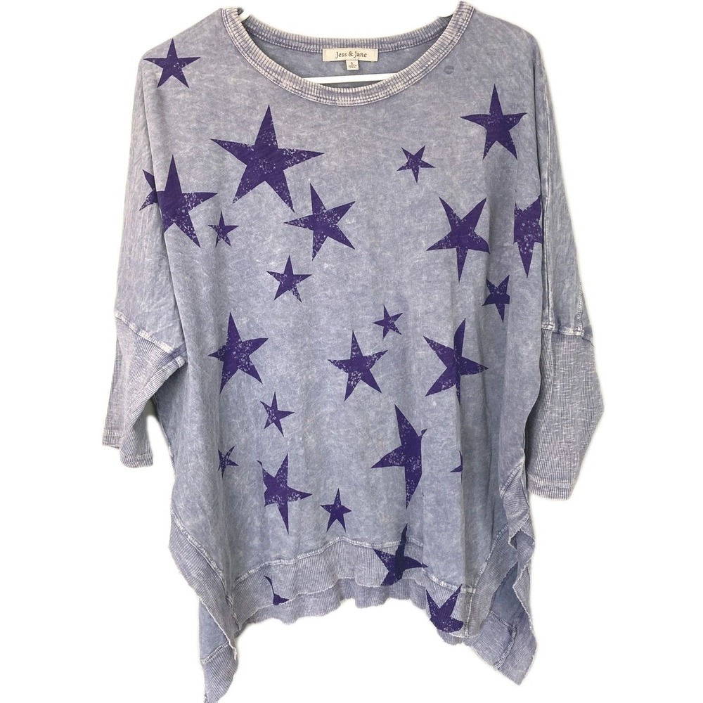 Jess & Jane Tunic Top Women L Stars Print Dolman 3/4 Sleeve Asym Hem USA